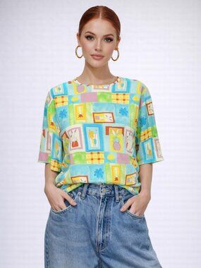 Nora Noh Vintage 90s Colorful Art Deco Silk Blouse | Plus Size Top | 1X